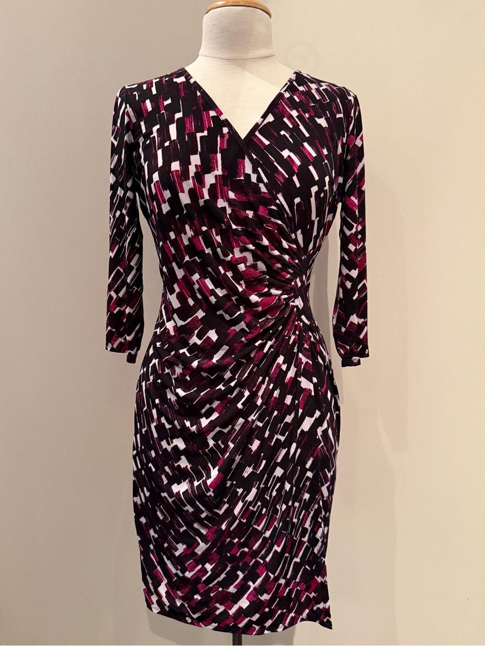Laundry by Design Black, White & Magenta Abstract Wrap Dress - Long Sleeve